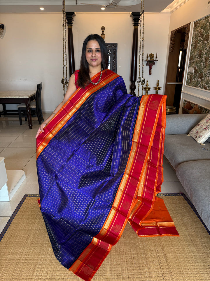 MS Blue with Orange and Red, Annam Motifs in the border and Zari Checks in the Body,  Rich Pallu Korvai Silk Cotton Saree