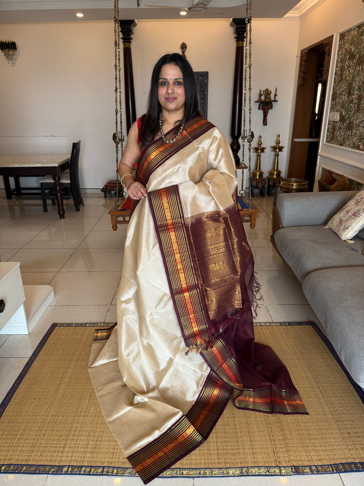 Beige with Dark Brown ,Rich Big Traditional Kanchi Borders and Grand Pallu Korvai Silk Cotton Saree