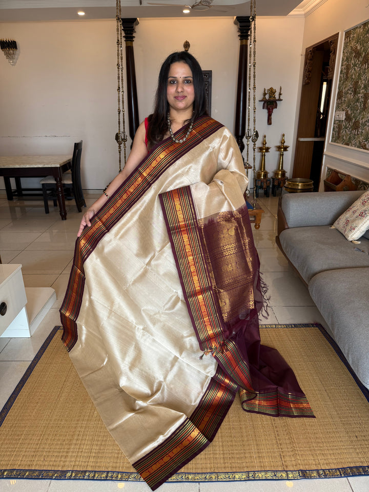Beige with Dark Brown ,Rich Big Traditional Kanchi Borders and Grand Pallu Korvai Silk Cotton Saree