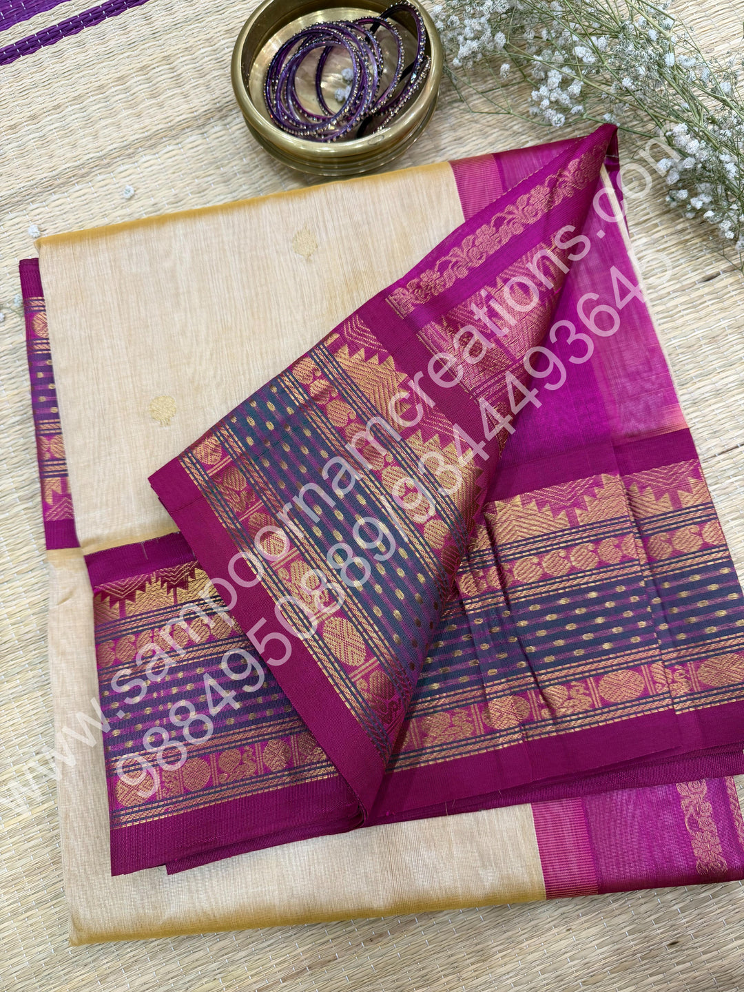 Biscuit with Magenta  , Rich Rudraksh Zari butta with Traditonal Lakshadeepam  Border and Rich Pallu Pure Korvai Silk Cotton Saree