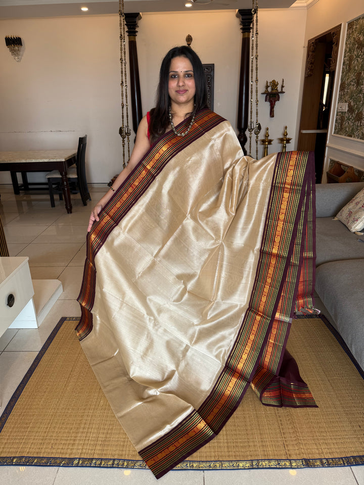 Beige with Dark Brown ,Rich Big Traditional Kanchi Borders and Grand Pallu Korvai Silk Cotton Saree