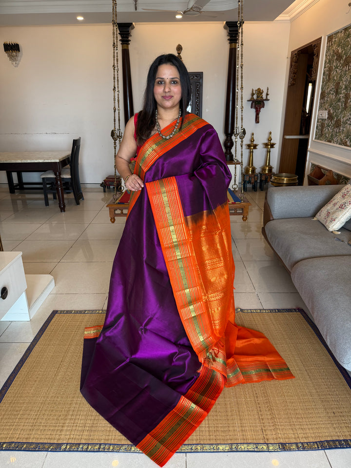 Purple with Orange ,Rich Big Traditional Kanchi Borders and Grand Pallu Korvai Silk Cotton Saree