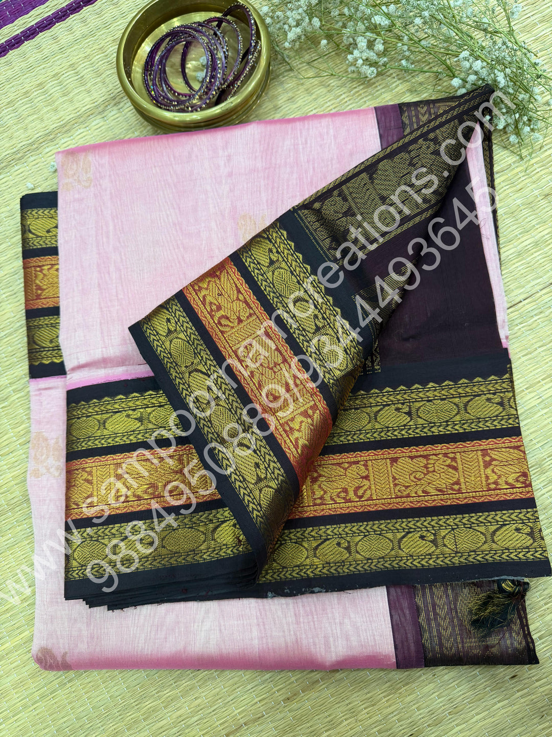 Baby Pink with Cofee Brown  , Rich Mango  Zari butta with Traditional Kanchi  Border and Rich Pallu Pure Korvai Silk Cotton Saree