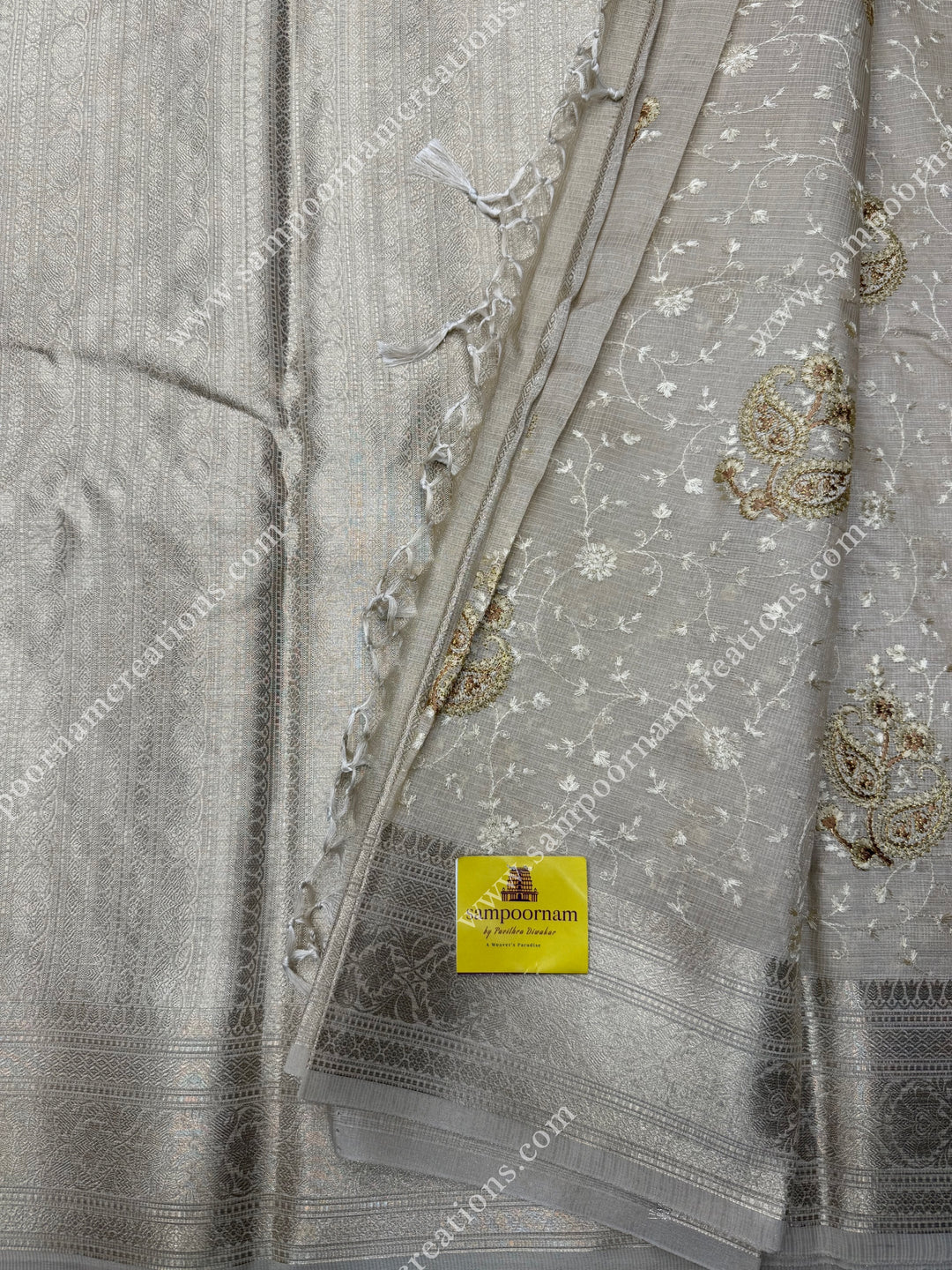 Offwhite with Mango and Floral  Embroidery in the body , Banarasi Border and Pallu Semi Kota Tissue Saree