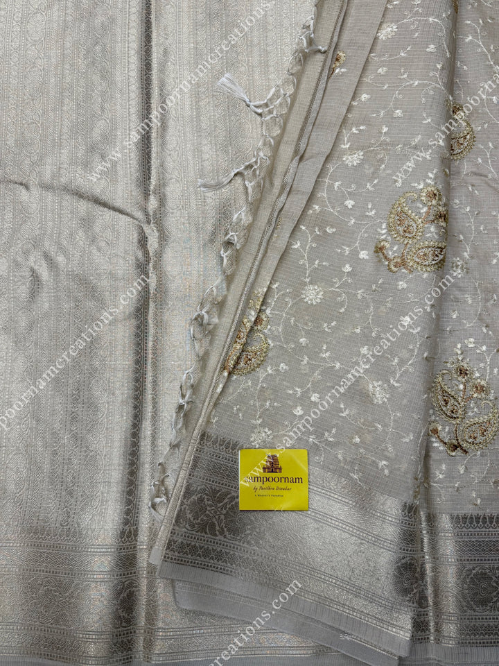 Offwhite with Mango and Floral  Embroidery in the body , Banarasi Border and Pallu Semi Kota Tissue Saree