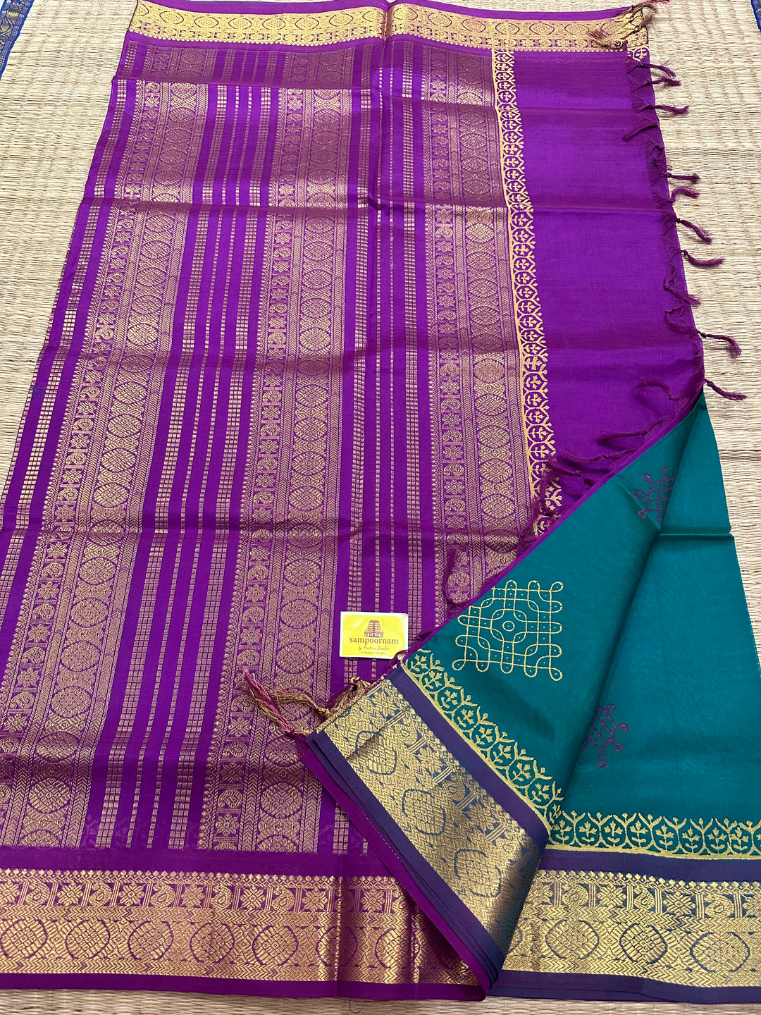 Green with Purple Kolam Handblock Printed Silk Cotton Saree