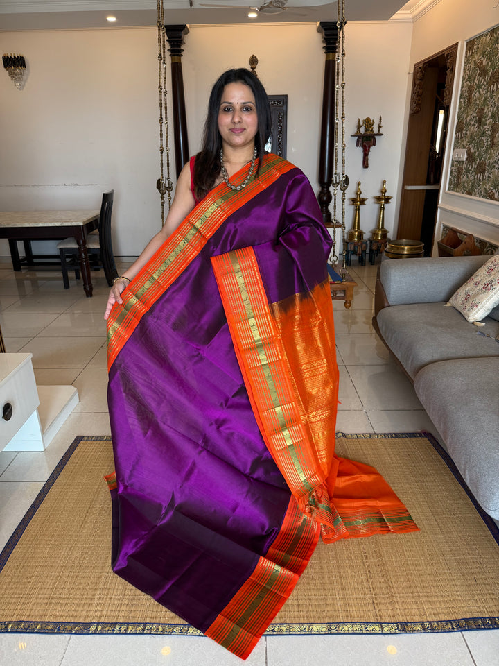 Purple with Orange ,Rich Big Traditional Kanchi Borders and Grand Pallu Korvai Silk Cotton Saree