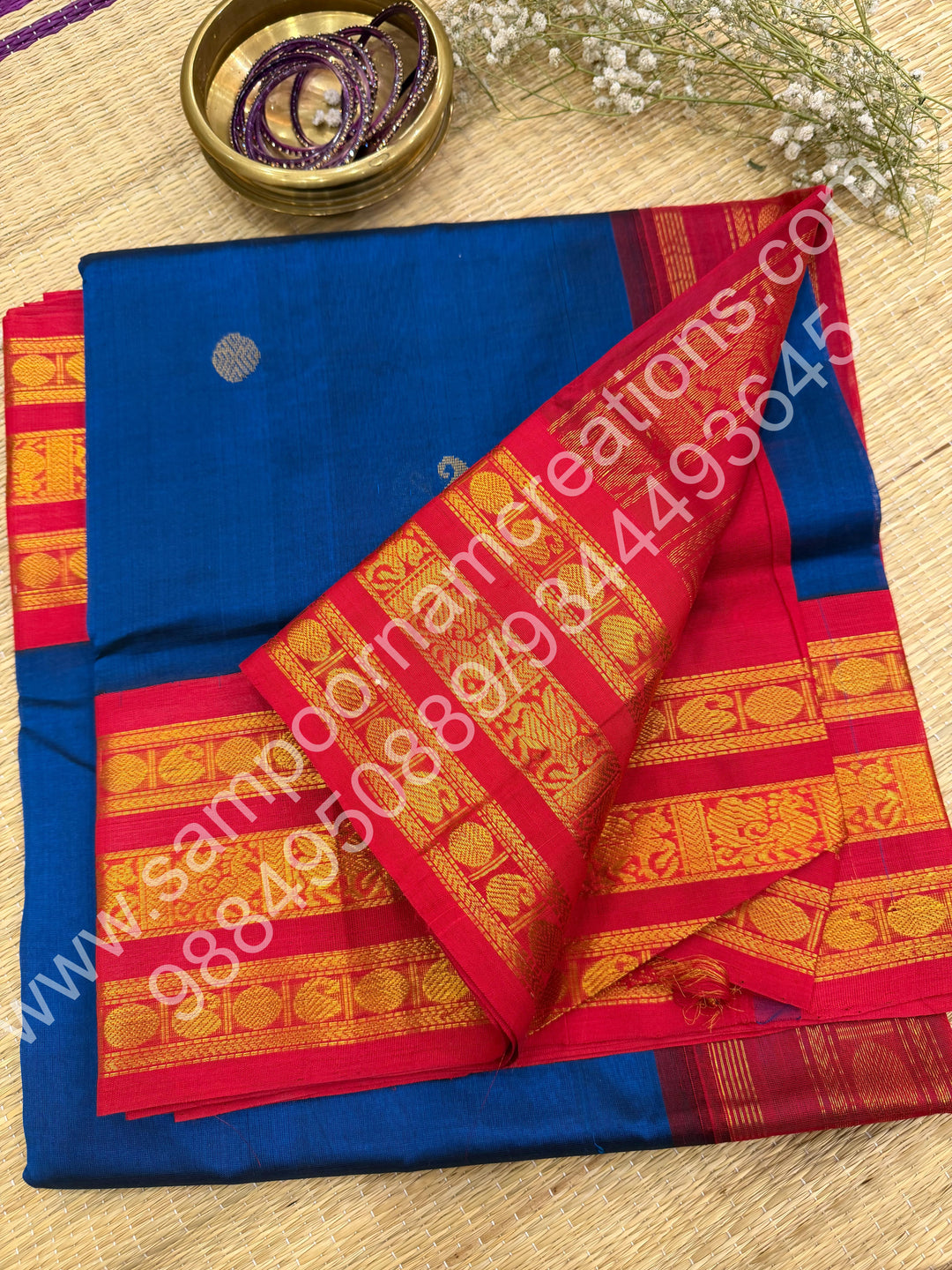 Sapphire Blue with Red  , Rich Rudraksh and Mango  Zari butta with Traditional Kanchi  Border and Rich Pallu Pure Korvai Silk Cotton Saree
