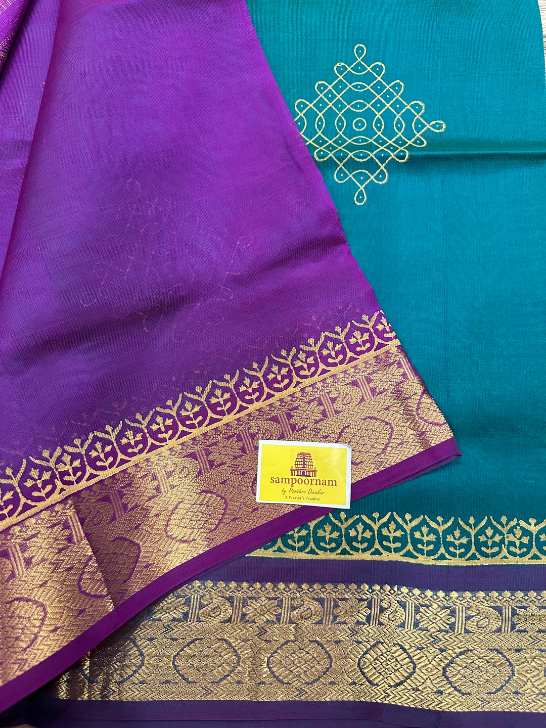 Green with Purple Kolam Handblock Printed Silk Cotton Saree