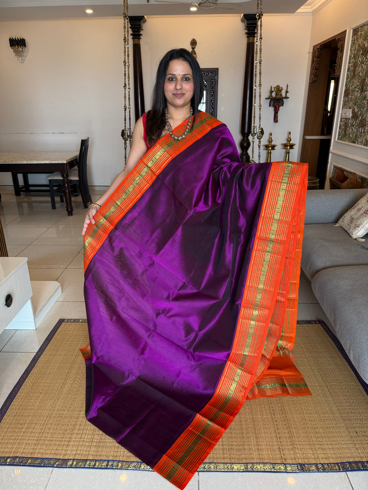 Purple with Orange ,Rich Big Traditional Kanchi Borders and Grand Pallu Korvai Silk Cotton Saree