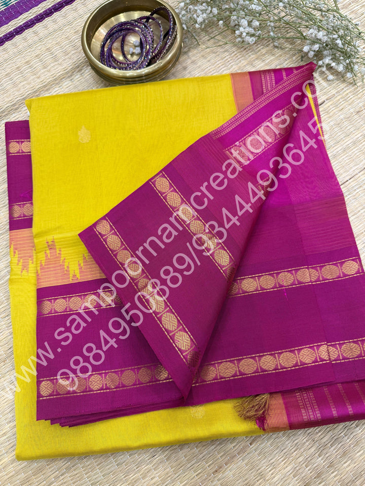 Mustard with Pink  , Rich Gopuram Zari butta with Rettapet Border and Rich Pallu Pure Korvai Silk Cotton Saree
