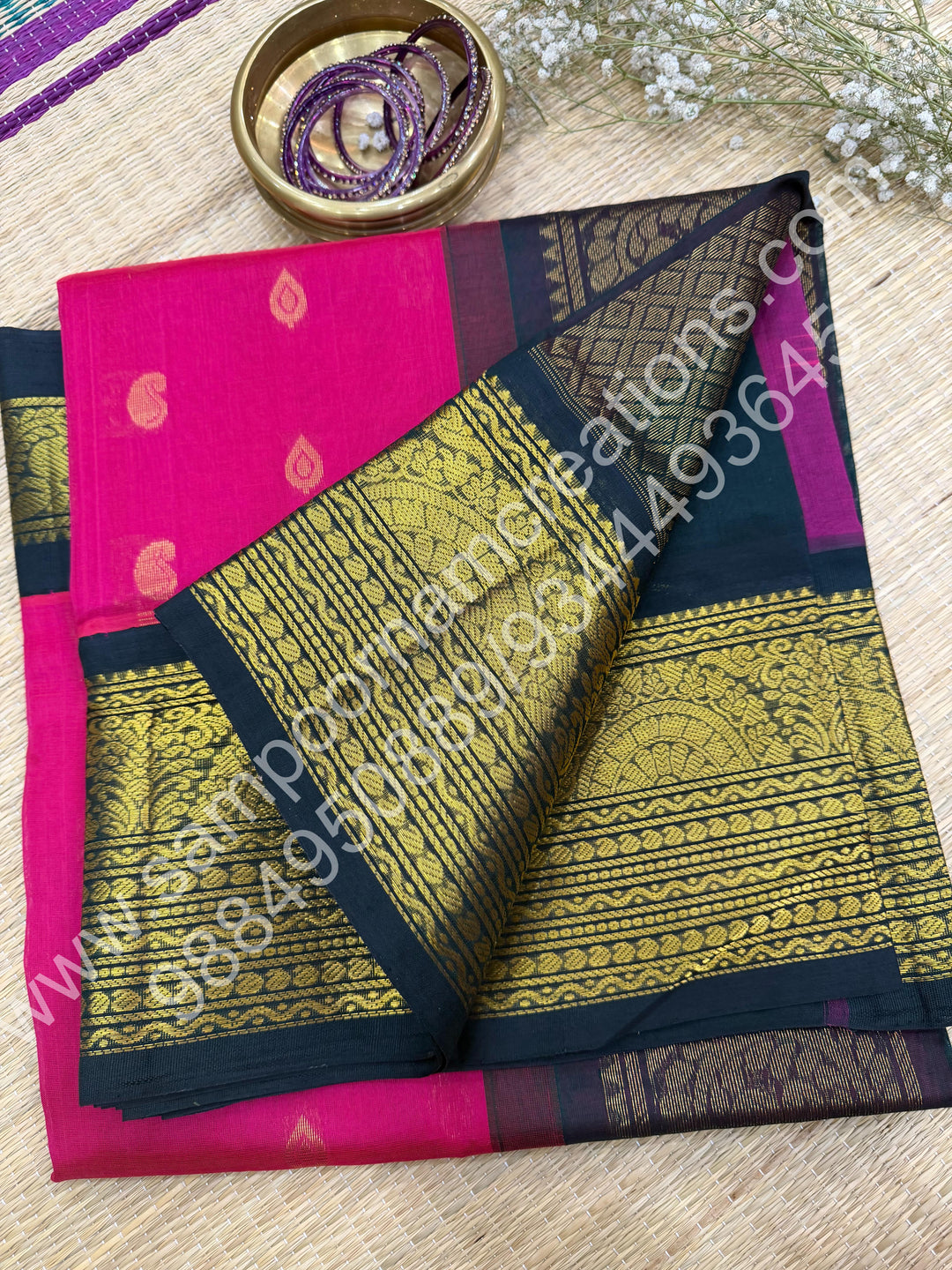 Rani Pink with Bottle Green  , Rich  Zari butta with Traditional Big  Border and Rich Pallu Pure Korvai Silk Cotton Saree