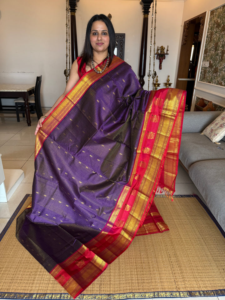 Indigo Blue with Red, One Side Big Satin Border with Annam Motifs, Zari Podi Kattam in the Body , Rich Pallu Korvai Silk Cotton Saree