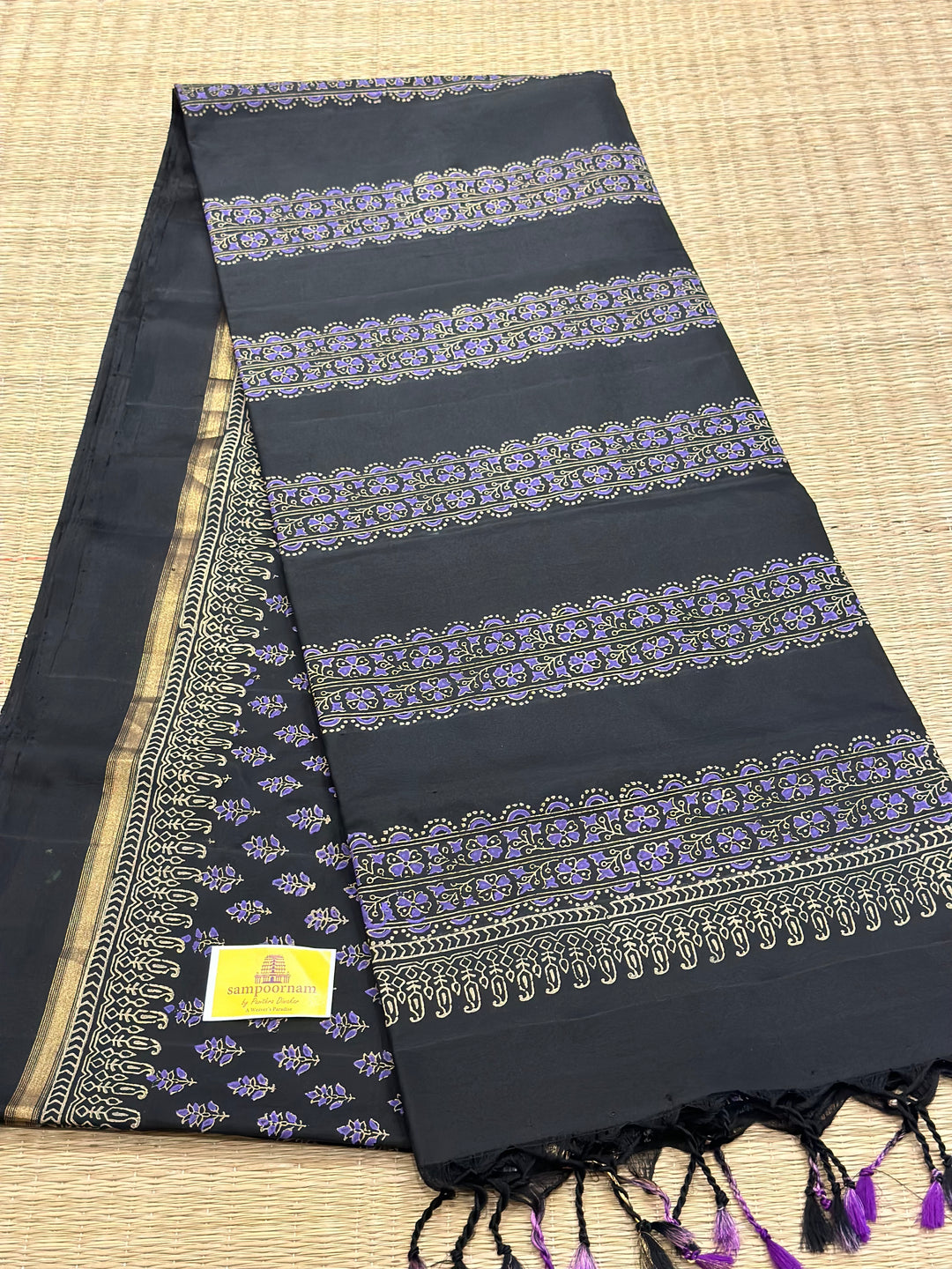 Black Handblock Printed Pure Soft Silk Saree