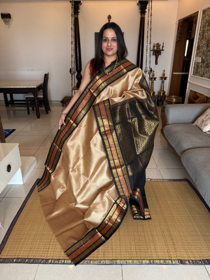 Light Gold With Black , Rich Body Butta , Traditional Kanchi Triple Border and Rich Pallu Korvai Silk Cotton Saree