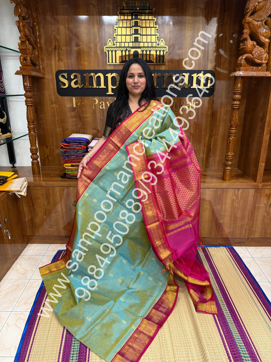 Teal Blue with Pink , Annam and Mango  Zari butta in the body , traditional Silk  border and rich Pallu Korvai Silk Cotton Saree