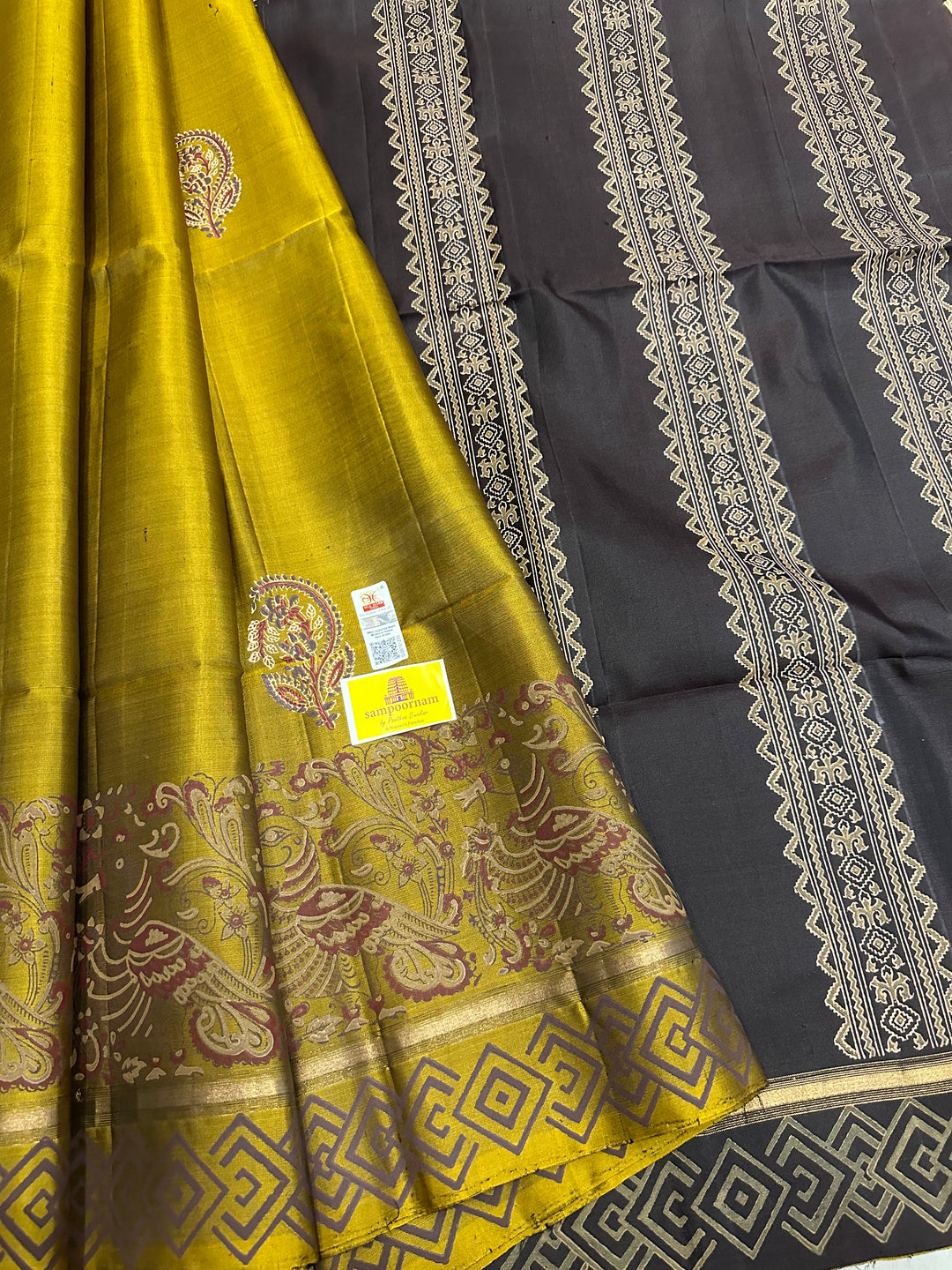 Olive Green with Black Handblock Printed Pure Soft Silk Saree