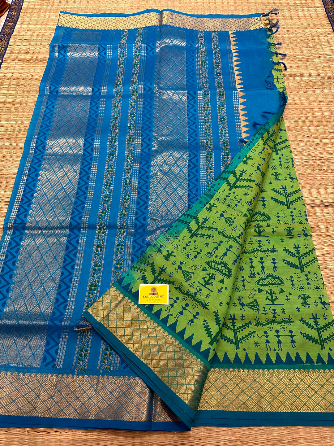 Green With Blue Warli Handblock Printed Silk Cotton Saree