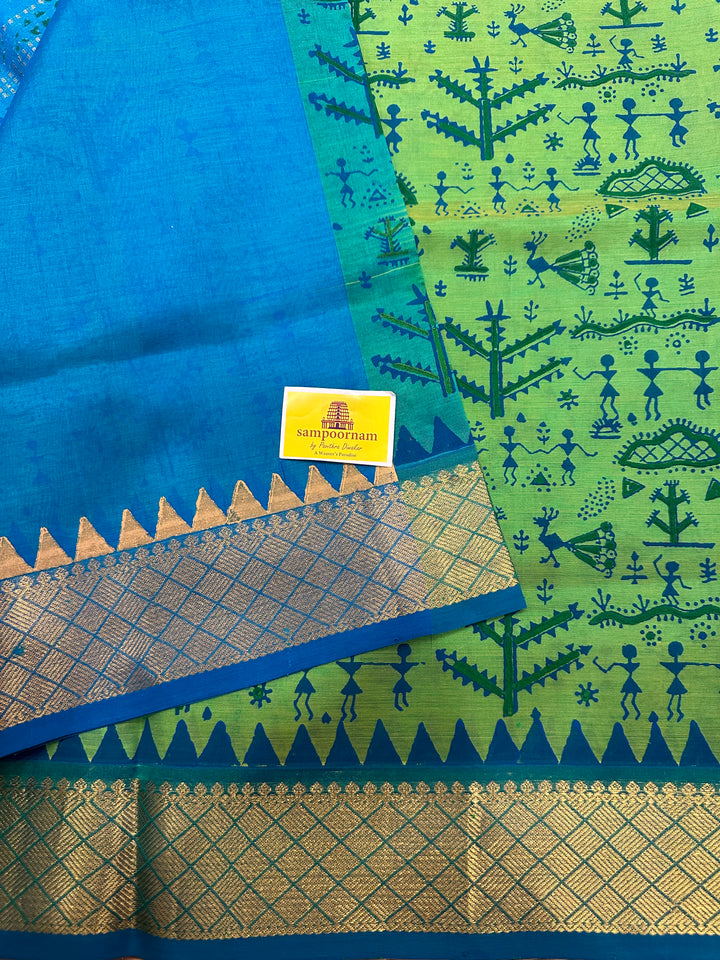 Green With Blue Warli Handblock Printed Silk Cotton Saree