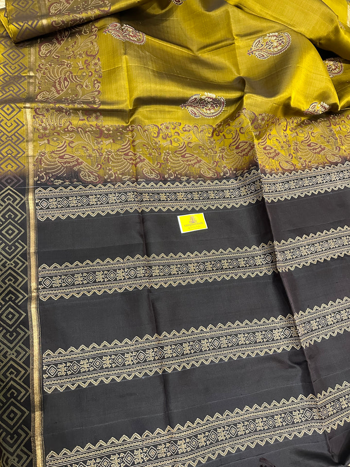 Olive Green with Black Handblock Printed Pure Soft Silk Saree