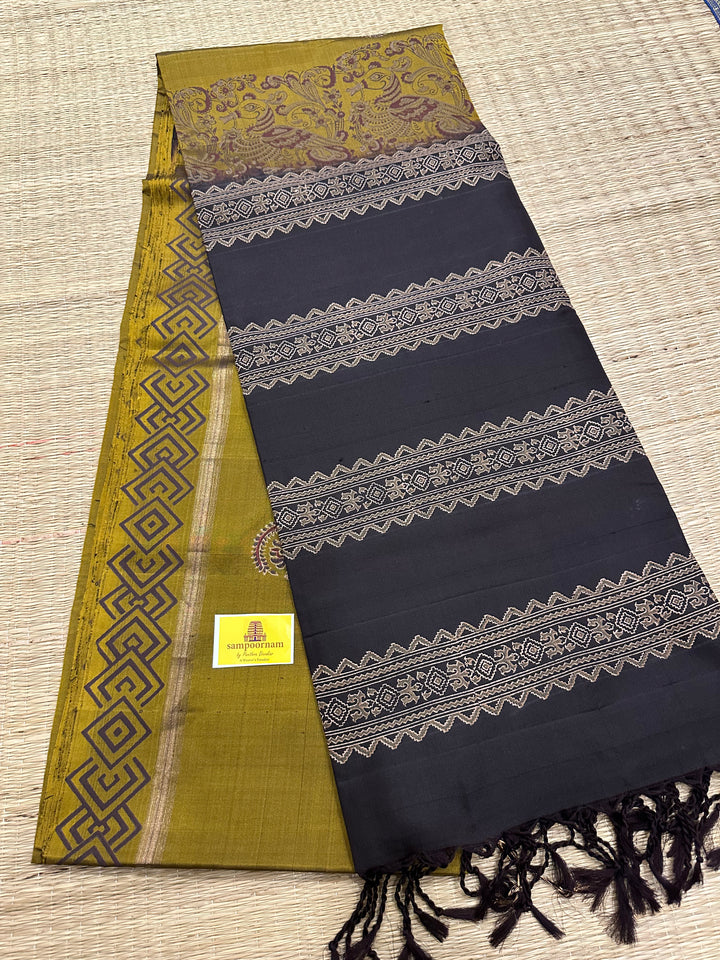 Olive Green with Black Handblock Printed Pure Soft Silk Saree