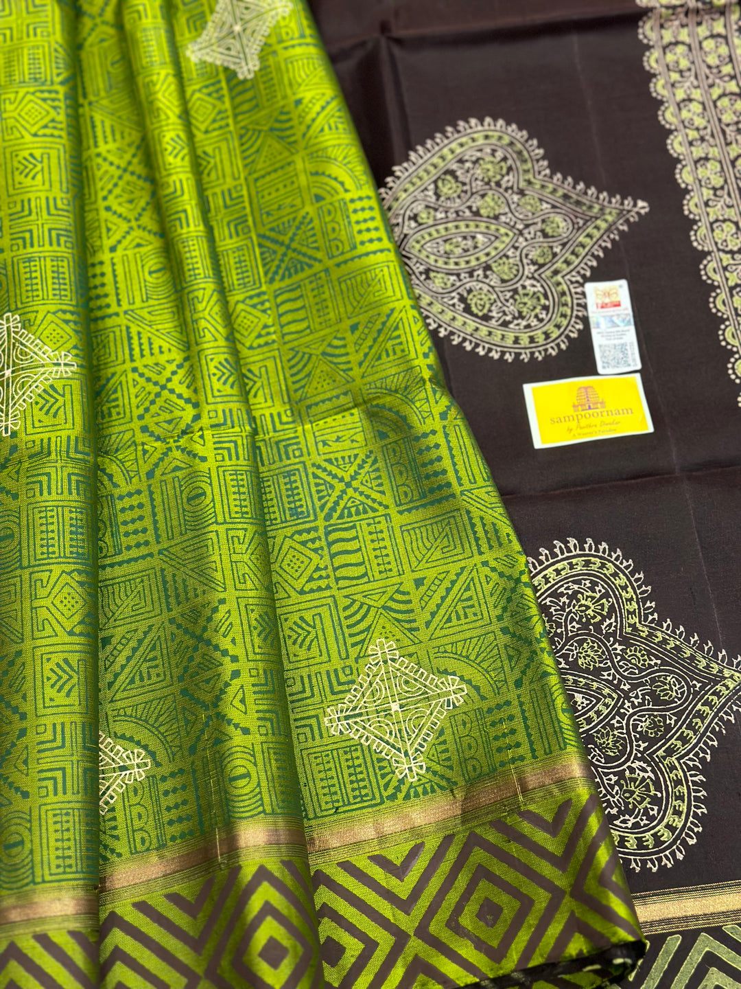 Green with Black Handblock Printed Pure Soft Silk Saree