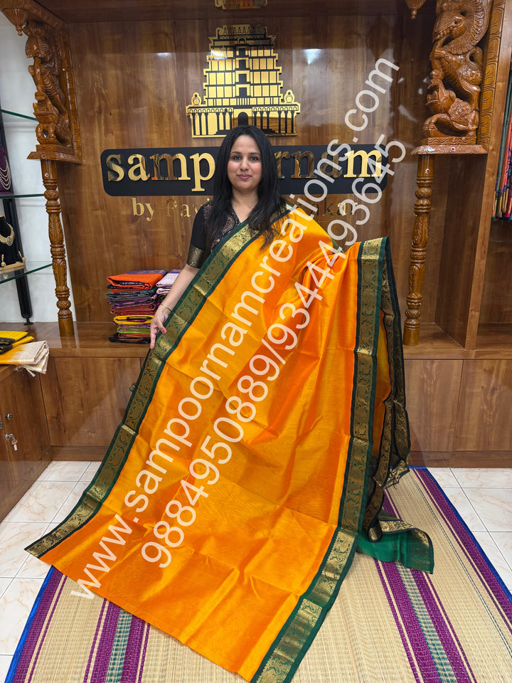 Mambazha Manjal with Green , Vairaoosi Zari Lines in the body , Traditional borders and rich Pallu Korvai Silk Cotton
