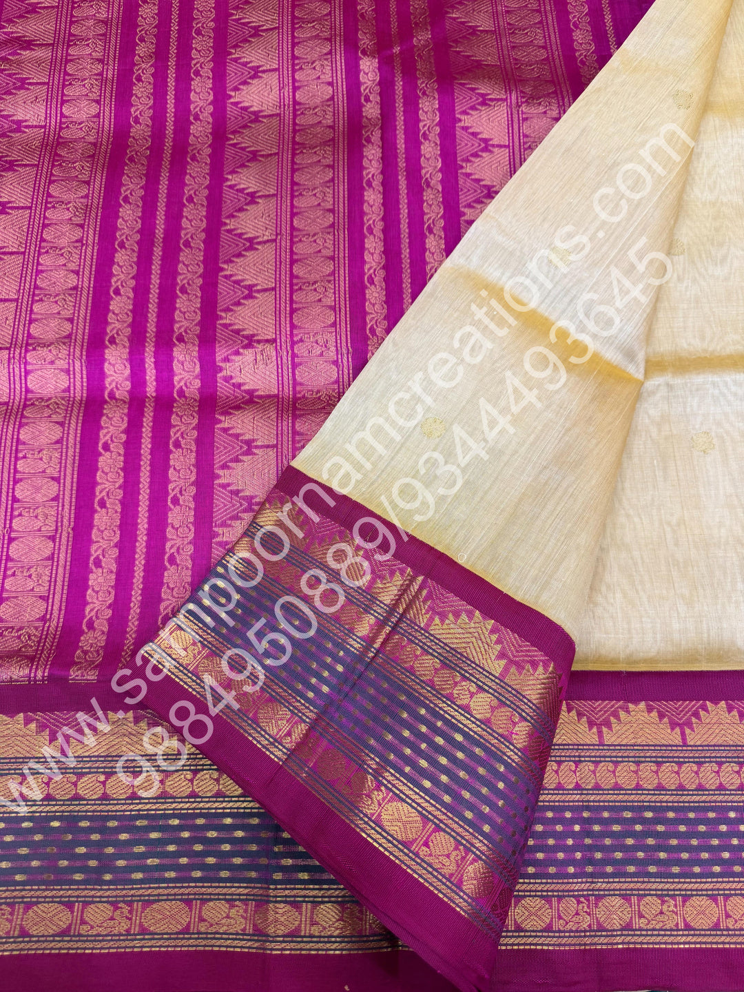 Biscuit with Magenta  , Rich Rudraksh Zari butta with Traditonal Lakshadeepam  Border and Rich Pallu Pure Korvai Silk Cotton Saree