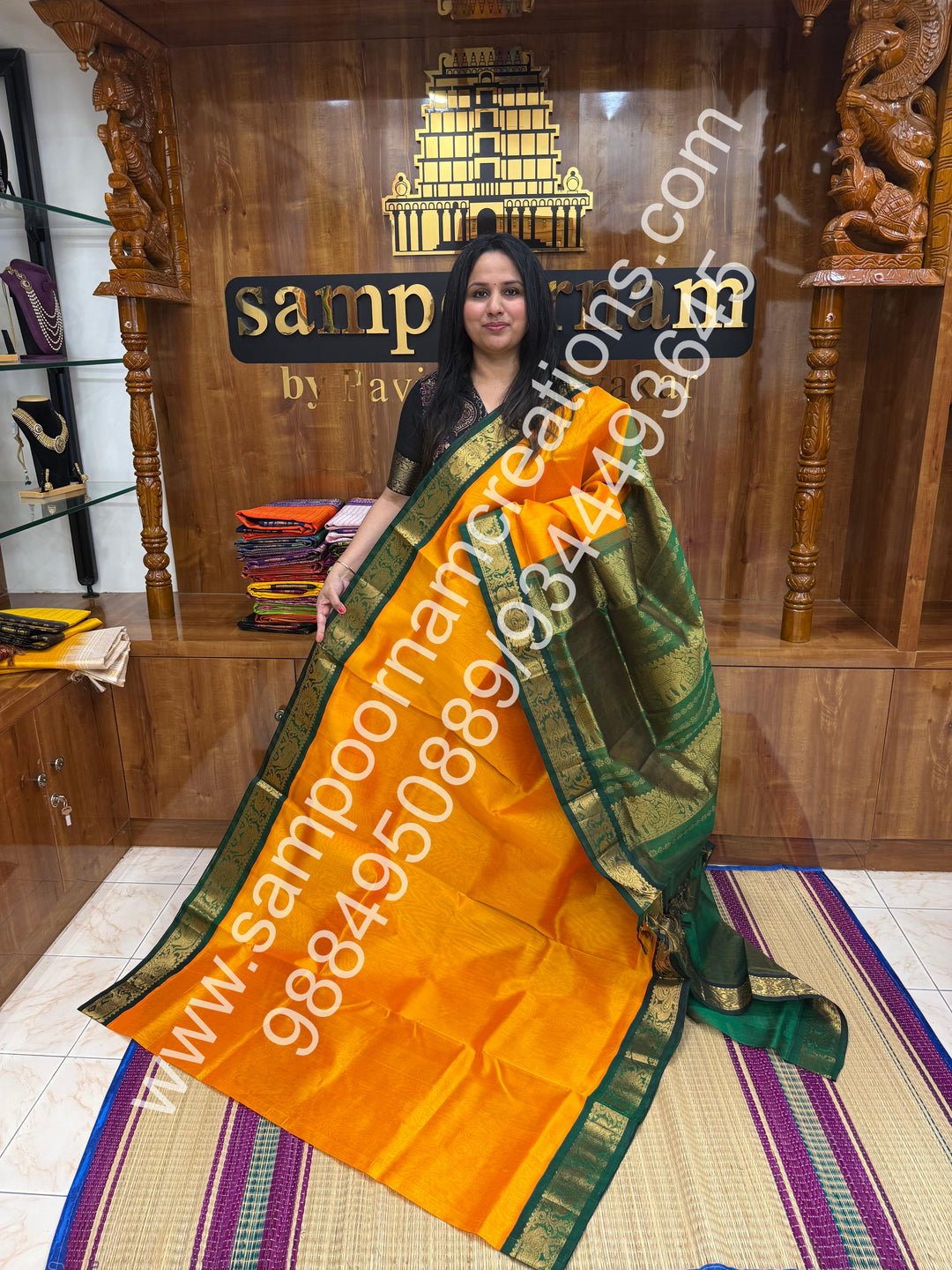 Mambazha Manjal with Green , Vairaoosi Zari Lines in the body , Traditional borders and rich Pallu Korvai Silk Cotton
