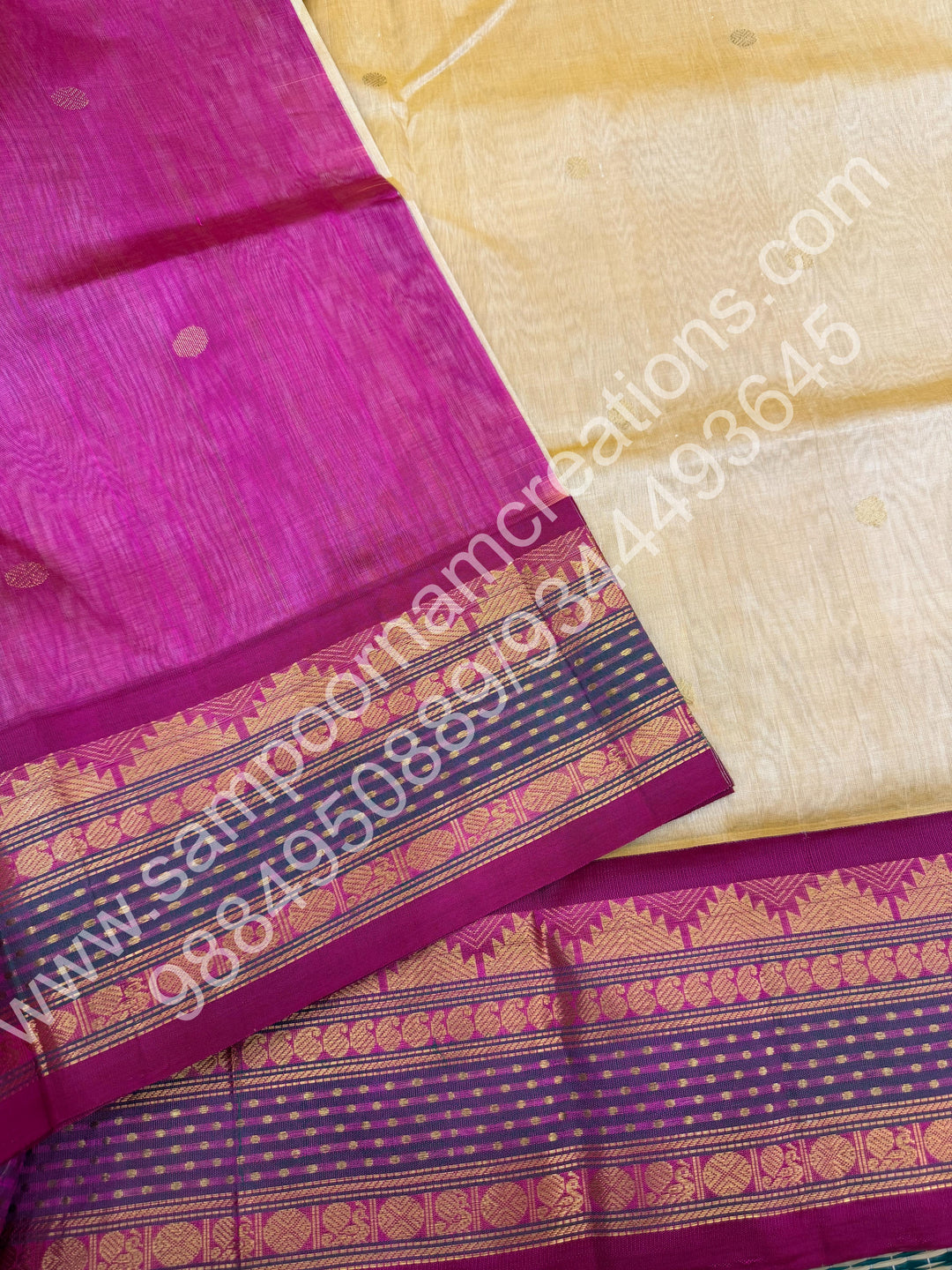 Biscuit with Magenta  , Rich Rudraksh Zari butta with Traditonal Lakshadeepam  Border and Rich Pallu Pure Korvai Silk Cotton Saree