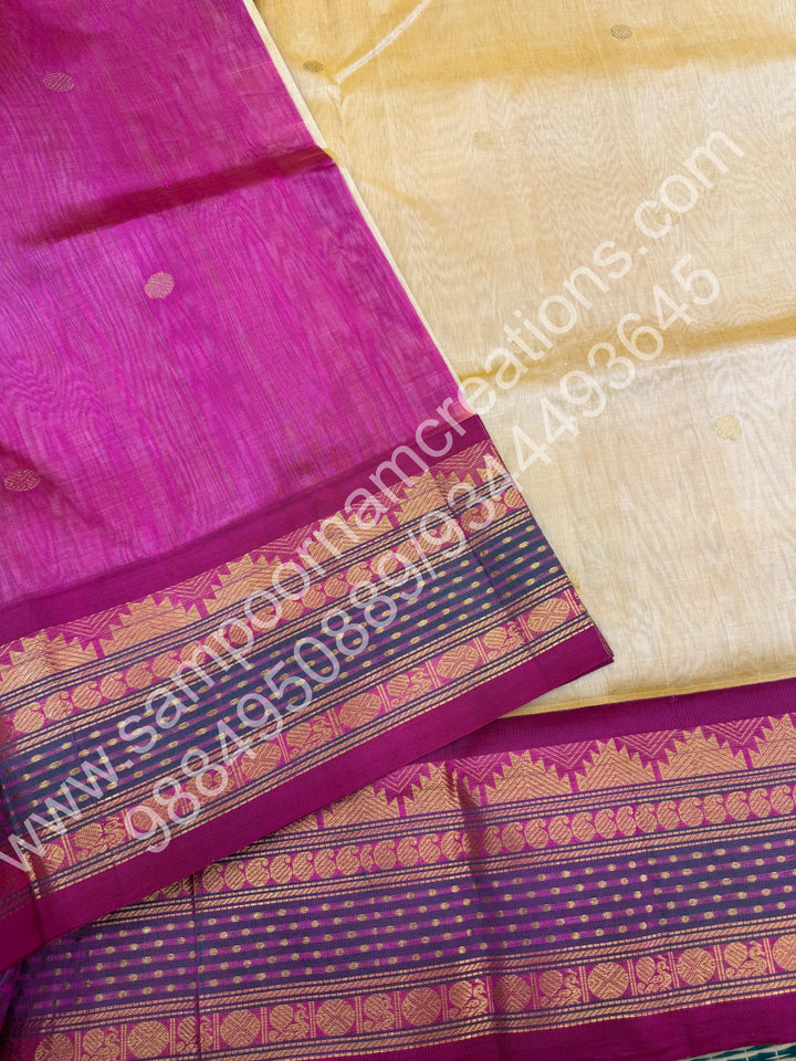 Biscuit with Magenta  , Rich Rudraksh Zari butta with Traditonal Lakshadeepam  Border and Rich Pallu Pure Korvai Silk Cotton Saree
