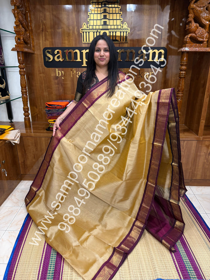 Gold with Wine , Vairaoosi Zari Lines in the body , Traditional borders and rich Pallu Korvai Silk Cotton