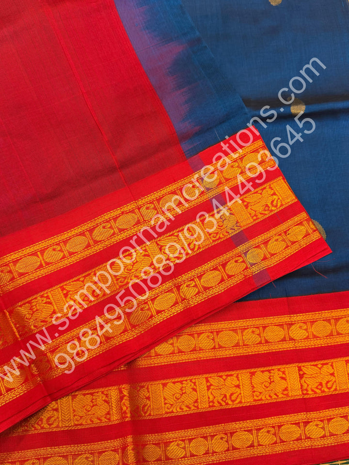 Sapphire Blue with Red  , Rich Rudraksh and Mango  Zari butta with Traditional Kanchi  Border and Rich Pallu Pure Korvai Silk Cotton Saree