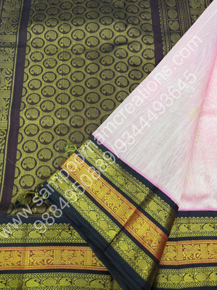 Baby Pink with Cofee Brown  , Rich Mango  Zari butta with Traditional Kanchi  Border and Rich Pallu Pure Korvai Silk Cotton Saree