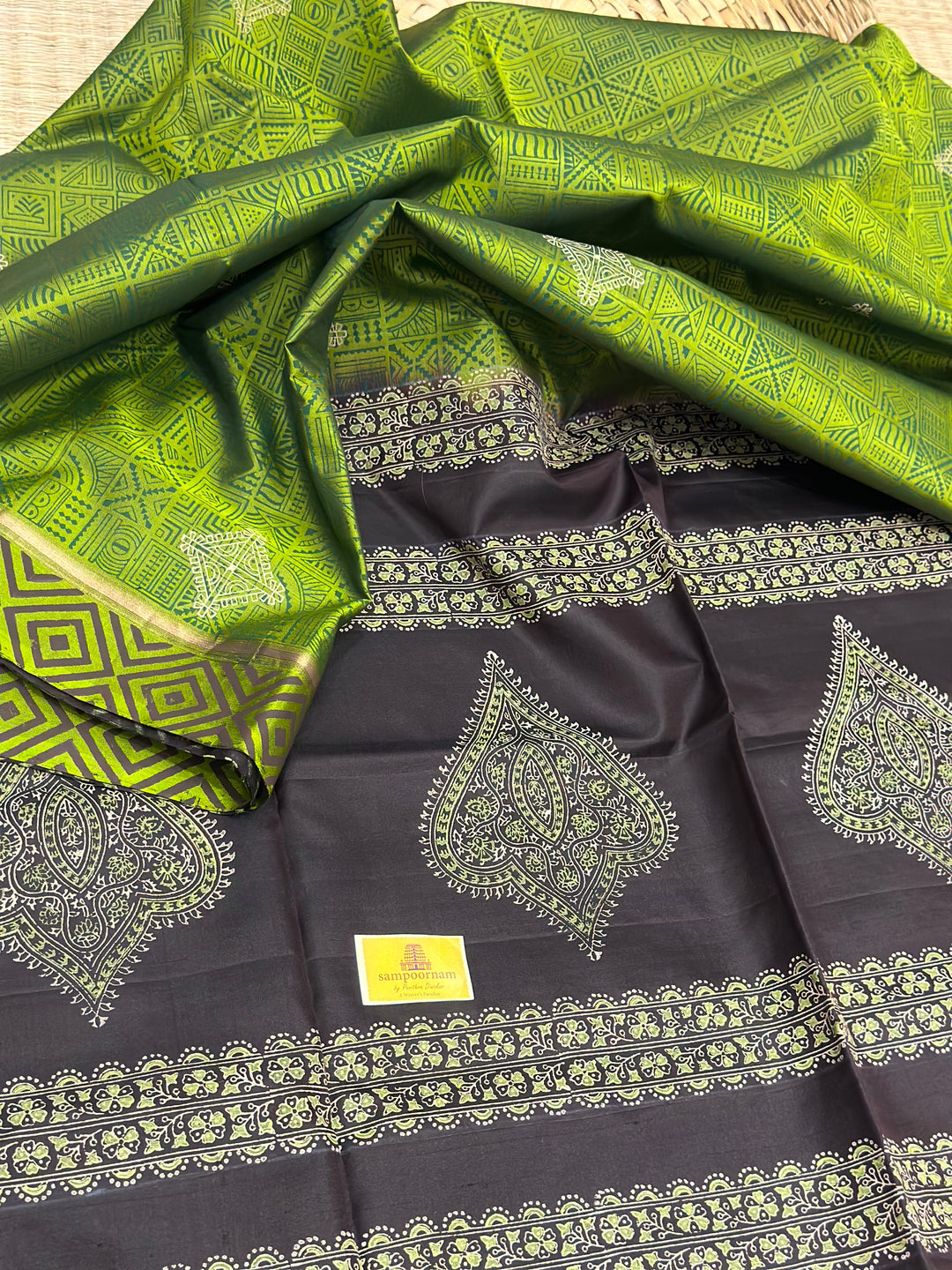 Green with Black Handblock Printed Pure Soft Silk Saree