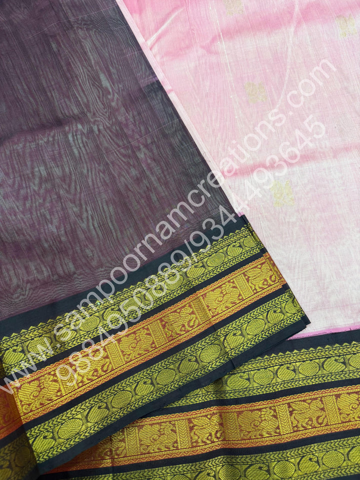 Baby Pink with Cofee Brown  , Rich Mango  Zari butta with Traditional Kanchi  Border and Rich Pallu Pure Korvai Silk Cotton Saree