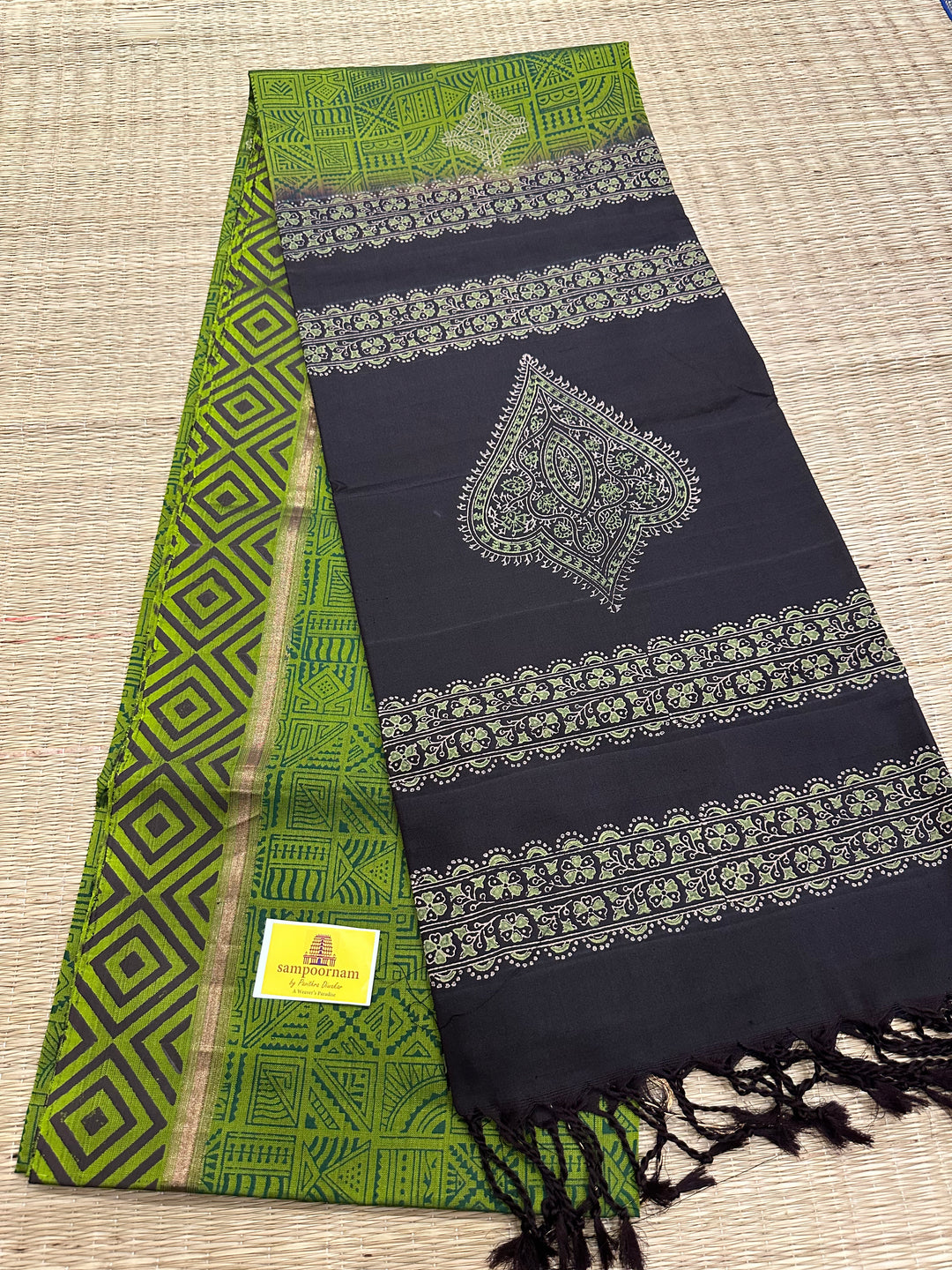 Green with Black Handblock Printed Pure Soft Silk Saree