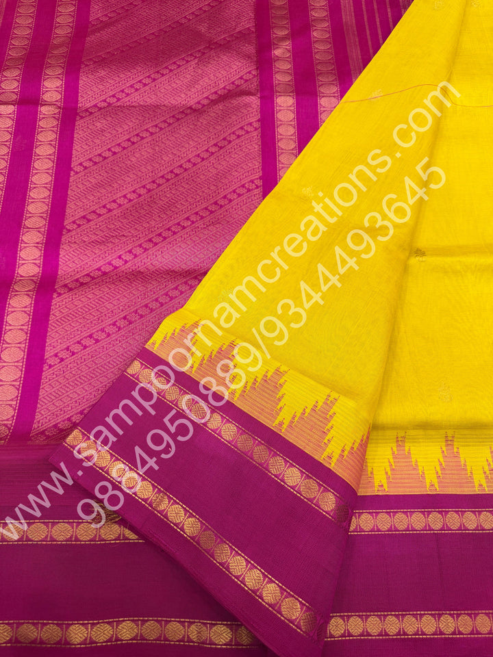 Mustard with Pink  , Rich Gopuram Zari butta with Rettapet Border and Rich Pallu Pure Korvai Silk Cotton Saree