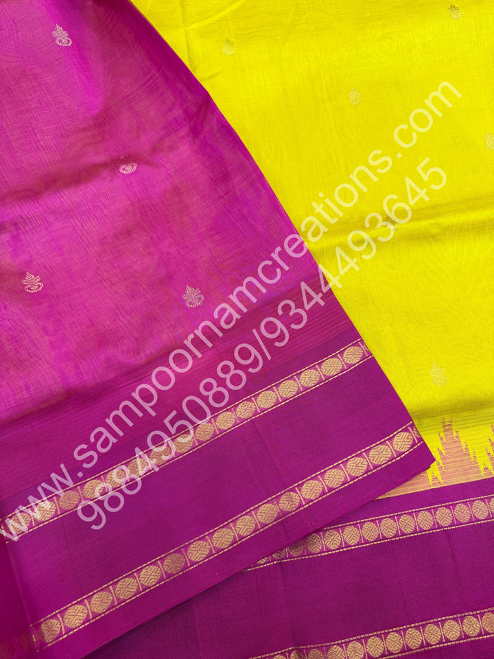 Mustard with Pink  , Rich Gopuram Zari butta with Rettapet Border and Rich Pallu Pure Korvai Silk Cotton Saree