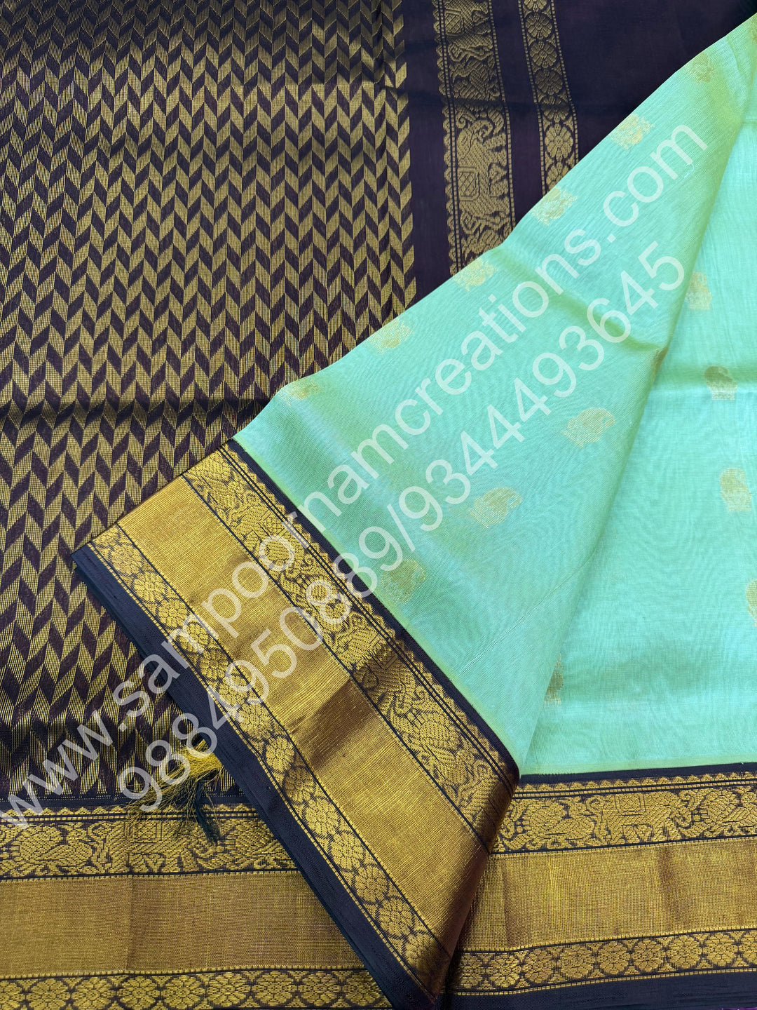 Pastel Green with Cofee Brown  , Rich Mango Zari butta with Silk Rettapet Border and Rich Pallu Pure Korvai Silk Cotton Saree