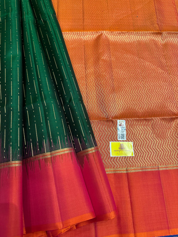 Dark Green with Orangish Red Rain Drop Pattern Pure Soft Silk Saree