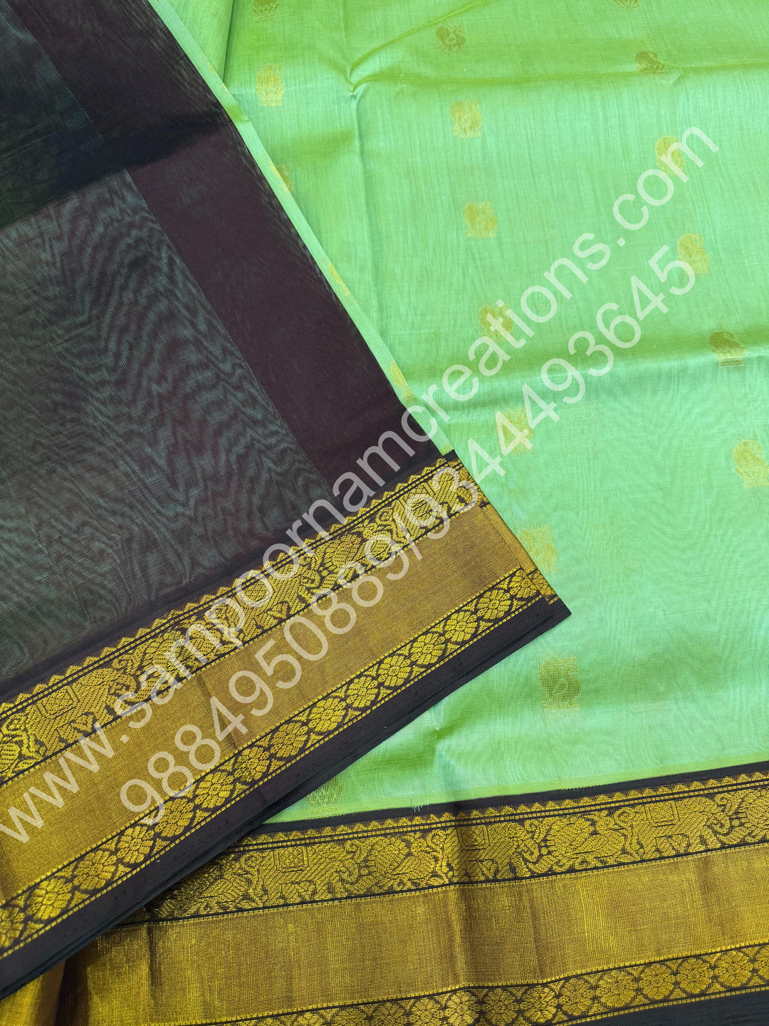 Pastel Green with Cofee Brown  , Rich Mango Zari butta with Silk Rettapet Border and Rich Pallu Pure Korvai Silk Cotton Saree