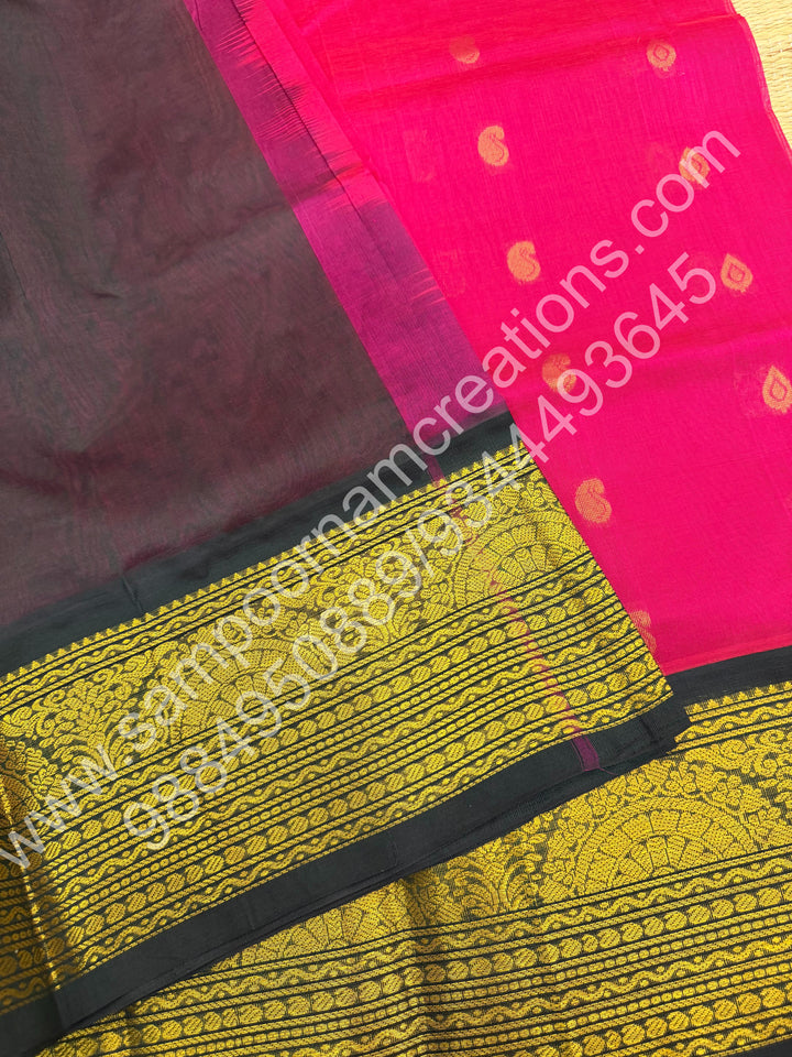 Rani Pink with Bottle Green  , Rich  Zari butta with Traditional Big  Border and Rich Pallu Pure Korvai Silk Cotton Saree