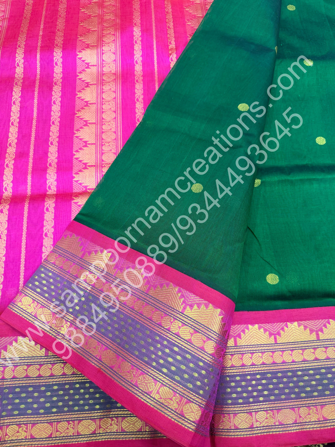 Green with Pink  , Rich Rudraksh Zari butta with Traditonal Lakshadeepam  Border and Rich Pallu Pure Korvai Silk Cotton Saree
