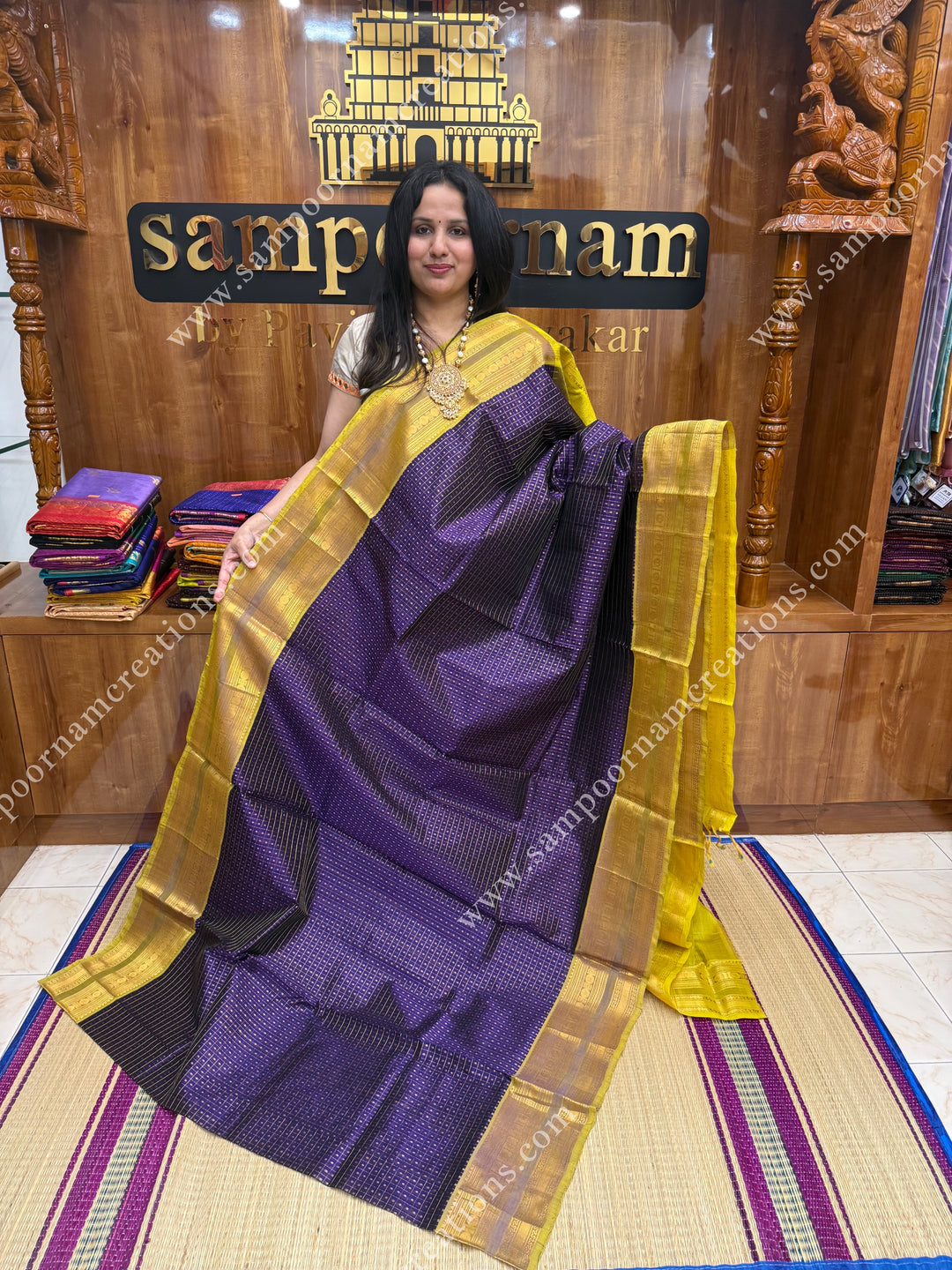 Indigo Violet with Lemon Yellow  , Zari Lakshadeepam Silk Cotton Sarees