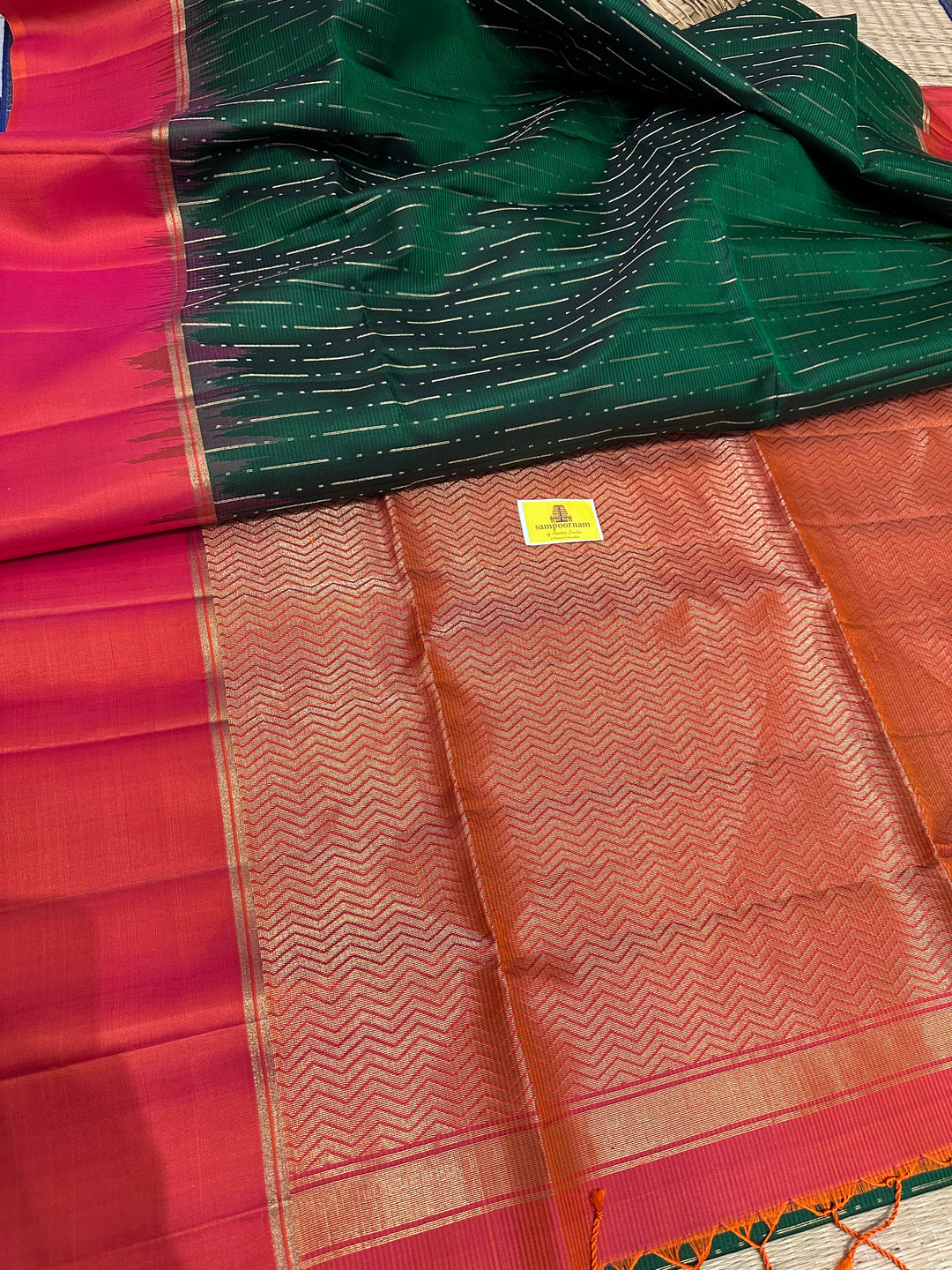 Dark Green with Orangish Red Rain Drop Pattern Pure Soft Silk Saree