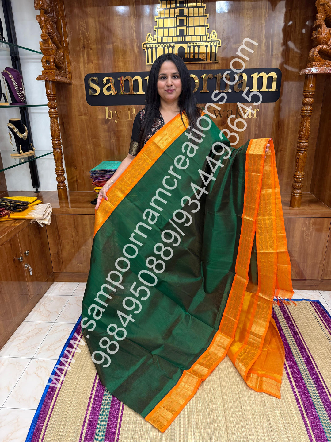 Dark Green with Manjal , Vairaoosi Zari Lines in the body , Traditional borders and rich Pallu Korvai Silk Cotton