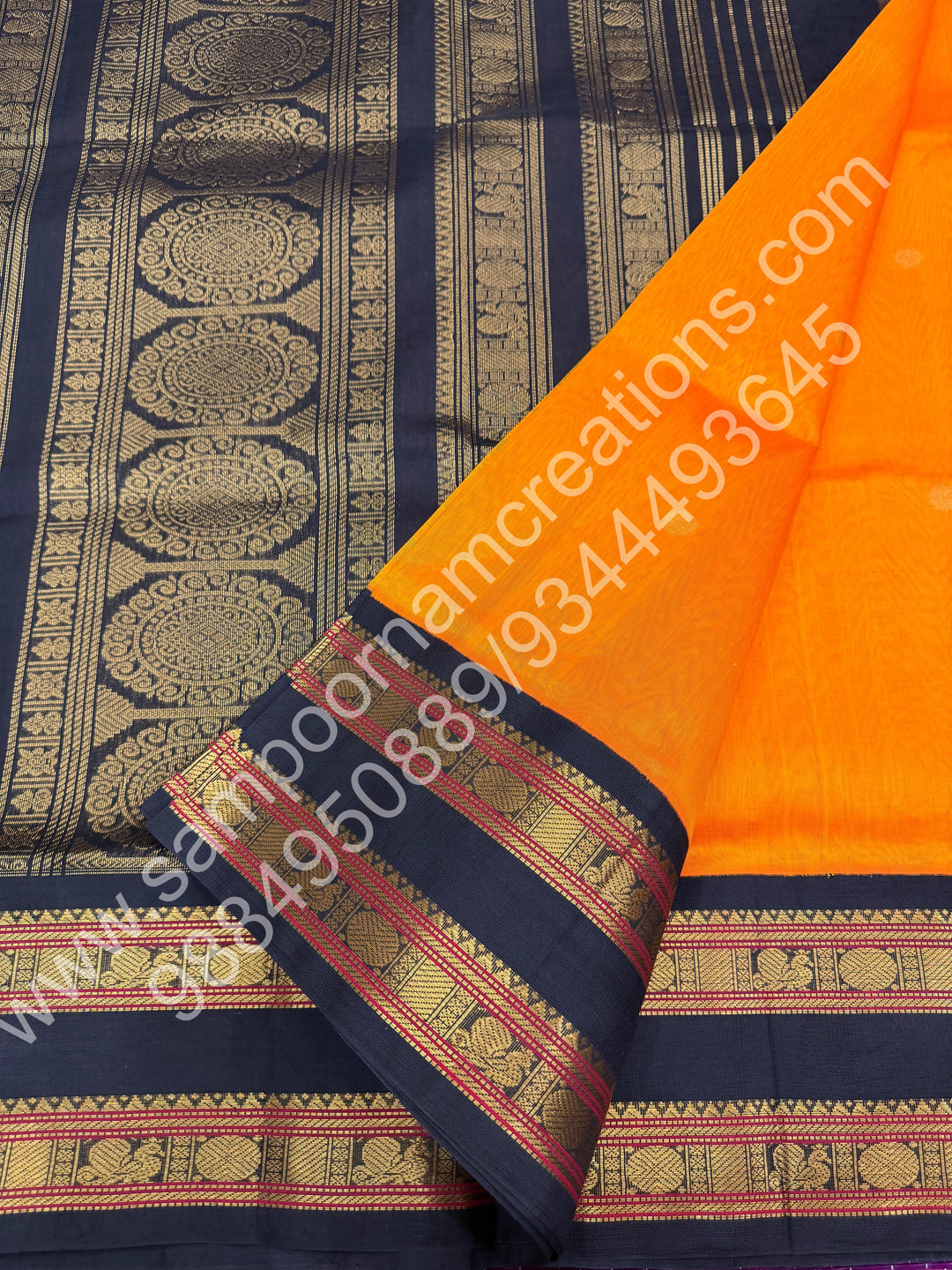 Mambazha Manjal with Black , Rich Rudraksh Zari butta with Rettapet Border and Rich Pallu Pure Korvai Silk Cotton Saree
