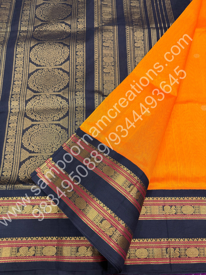 Mambazha Manjal with Black , Rich Rudraksh Zari butta with Rettapet Border and Rich Pallu Pure Korvai Silk Cotton Saree