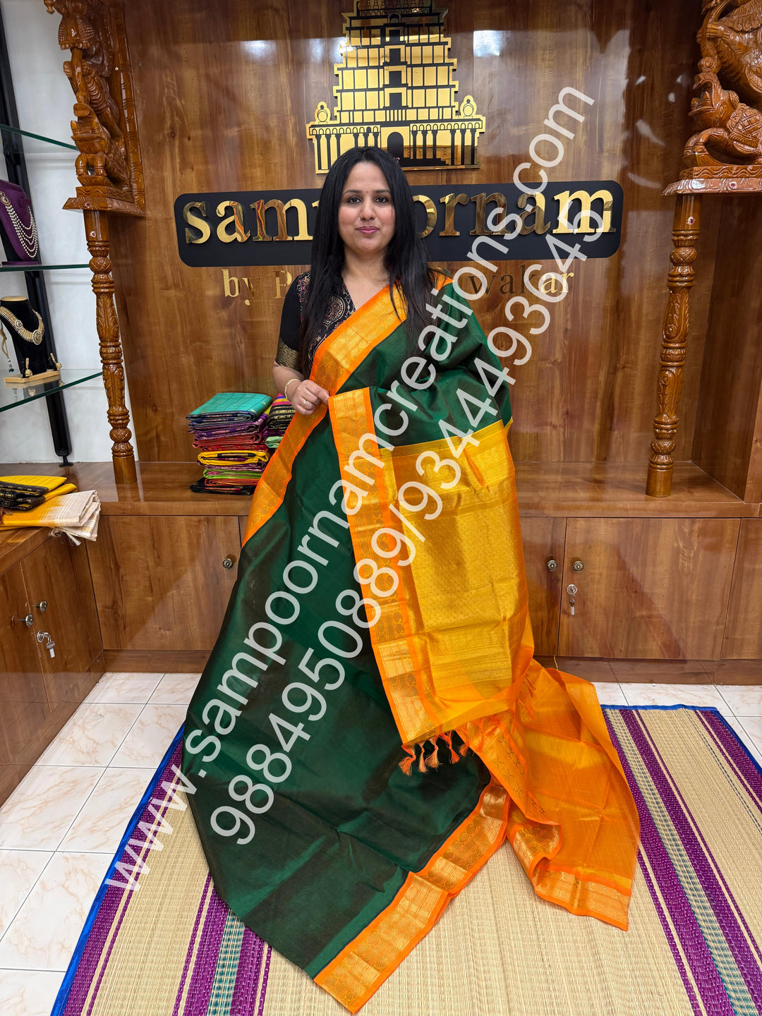 Dark Green with Manjal , Vairaoosi Zari Lines in the body , Traditional borders and rich Pallu Korvai Silk Cotton